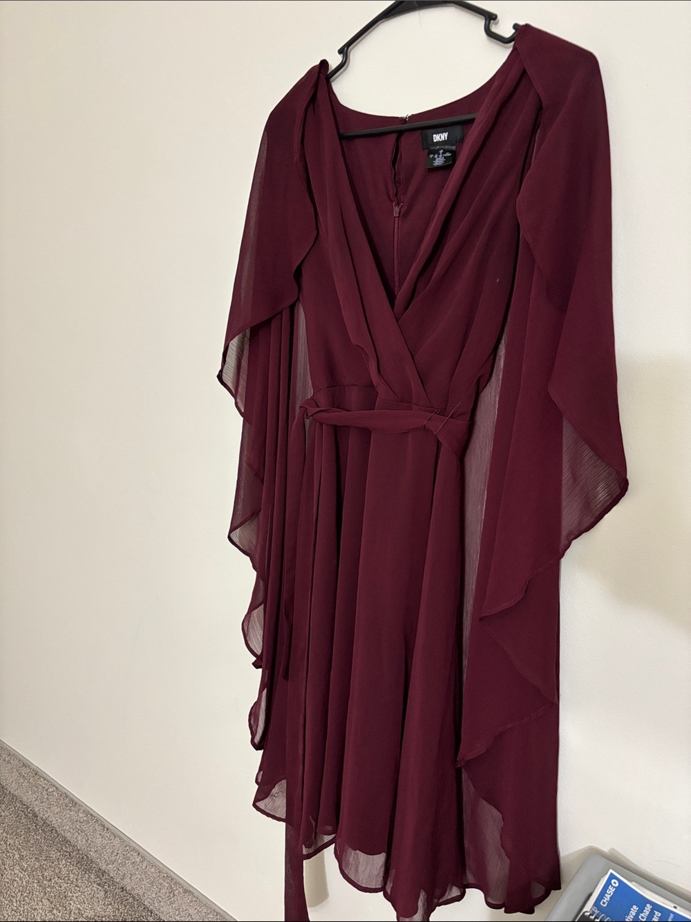 DKNY Burgundy Flowy Chiffon Dress with attached Cape!!!